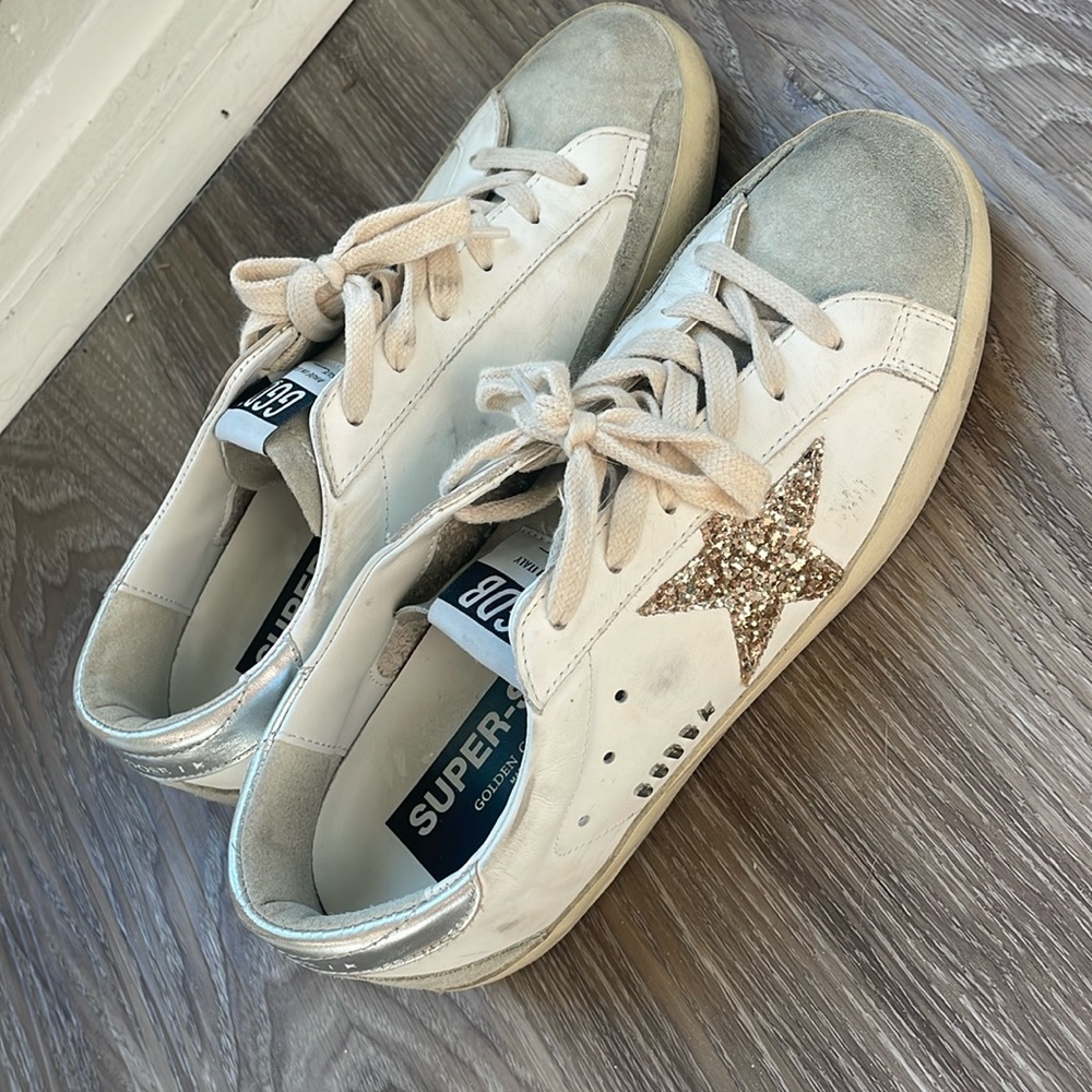 Golden Goose Super-Star with gold glitter star and ice-gray suede insert size 38